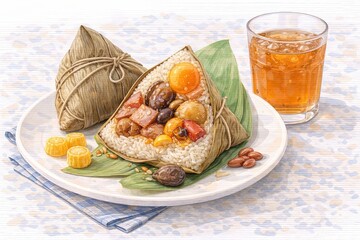 Chinese rice dumpling zongzi with tea on white background