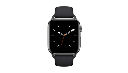 A sleek smartwatch with a black face and gray band on transparent background