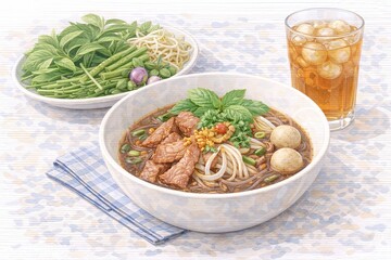 Thai boat noodles nam tok with fresh herbs and iced longan juice