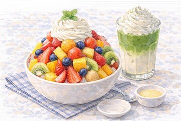 Mixed fruit bingsu with whipped cream and green tea latte