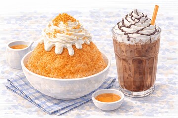 Thai tea bingsu with whipped cream and iced cocoa drink