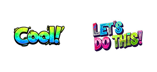 Two colorful graffiti style text art phrases, 'Cool' and 'Let's Do This', featuring vibrant gradients, bold outlines, and playful cartoon lettering for a modern, energetic design