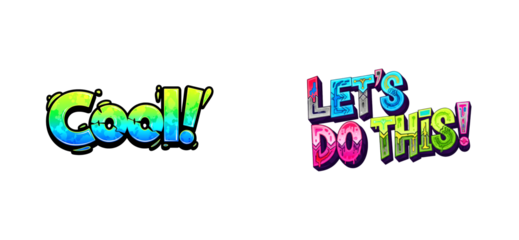 Two colorful graffiti style text art phrases, 'Cool' and 'Let's Do This', featuring vibrant gradients, bold outlines, and playful cartoon lettering for a modern, energetic design