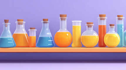Colorful chemistry lab glassware with liquids on shelf &ndash; science experiment concept