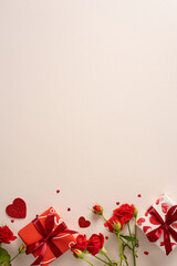 A vertical soft beige background supports a festive Valentine scene featuring roses, gift boxes, red ribbons, and scattered hearts, conveying warmth, affection, and romantic celebration