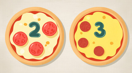 Cartoon pepperoni pizzas with numbers for kids math learning