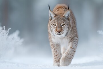 Obraz premium A lynx moves carefully through snow in a forest setting during winter. The animal appears focused as it explores its surroundings
