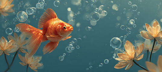 Vibrant orange goldfish swimming among beautiful lotus flowers and bubbles in a serene aquatic environment scene