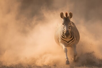 A zebra moves quickly through a cloud of dust in the wilderness at sunset, showing the beauty of its striped pattern in the wild