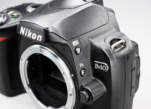Gothenburg, Sweden - May 19 2024: closeup angled view of nikon d40 digital camera body without lens attached.
