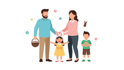 Happy family with children and easter bunny on white background celebrating springtime