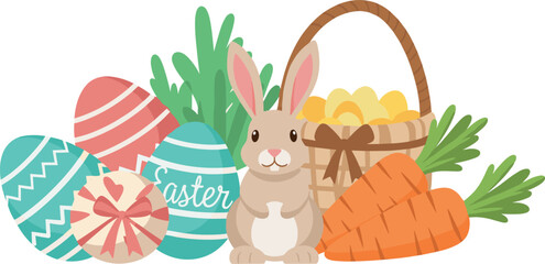 Easter bunny with decorated eggs and basket on white background