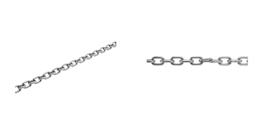Shiny silver metal chain with a broken link is shown in two views, a diagonal perspective and a horizontal close-up, highlighting the weak connection and vulnerability