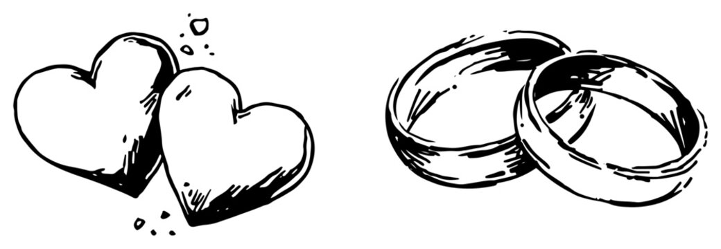 Set of wedding rings and two hearts drawn in black ink sketch style