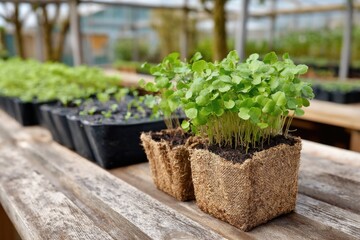 Seedlings grow in small containers placed on a wooden table in a greenhouse filled with other small plants during daylight