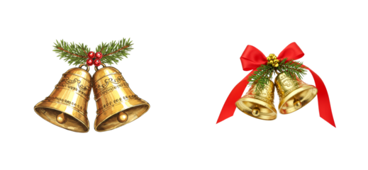 Two sets of golden Christmas bells, one a watercolor illustration and one a realistic photo, are decorated with fir branches, red holly berries, and a festive red ribbon bow