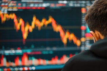 A person looks at a computer screen displaying stock price charts with red and green lines indicating price changes in financial markets