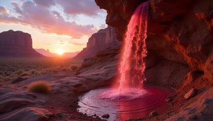 Vivid pink glowing waterfall in a desert canyon at sunset