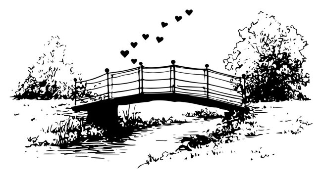 Romantic arched bridge over river with flying hearts landscape sketch