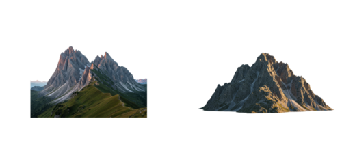 Two majestic rocky mountain ranges with sharp peaks illuminated by the warm golden light of a beautiful sunrise, showcasing a green grassy ridge with a hiking trail for adventure