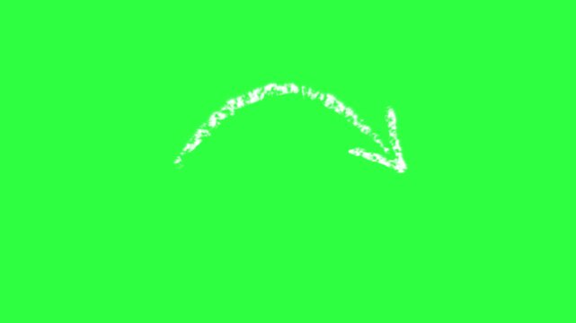 curved chalk hand drawn white arrow in a free hand chalky sketch blackboard scratchy style 4K animation isolated on a chroma key green screen background 