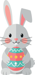 Cute gray bunny holding a colorful easter egg isolated on white background