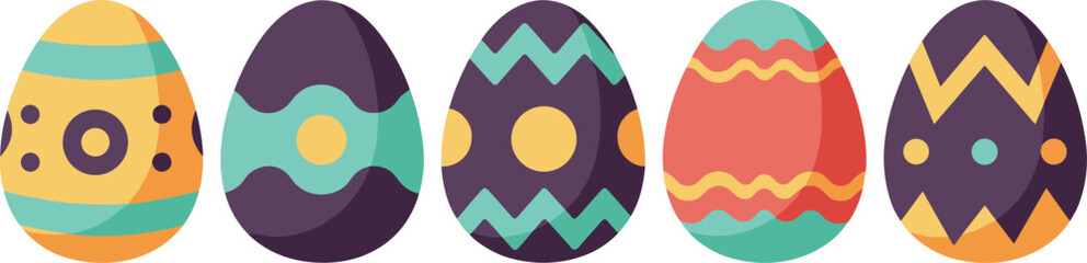 Colorful easter eggs with various patterns isolated on white background