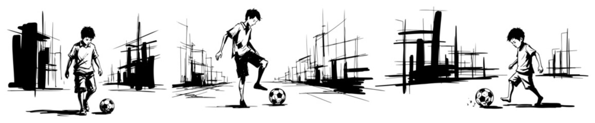 Sketches of a young boy playing soccer on city streets © Tomas