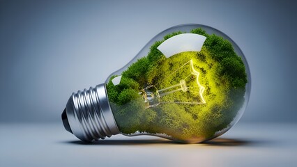 Green energy concept: light bulb filled with vibrant green moss and glowing filament

