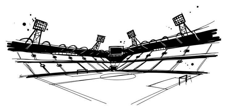 Large empty soccer stadium arena with floodlights hand drawn sketch