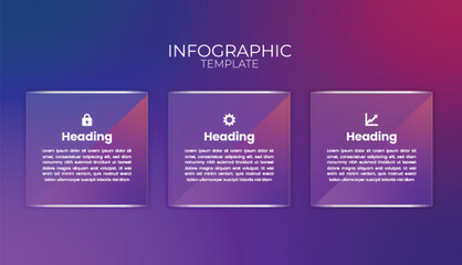 Modern 3 Step Horizontal Business Infographic Template. Purple and Blue Glassmorphism UI Elements for Process Flow and Presentation Layout. Vector.