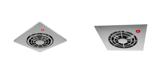 Pair of modern square ventilation fans with circular grilles and a glowing red LED light, presented as a 3D rendered product visualization for home HVAC systems