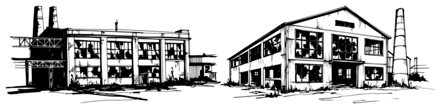 Hand drawn sketch of old industrial factory buildings with smokestacks