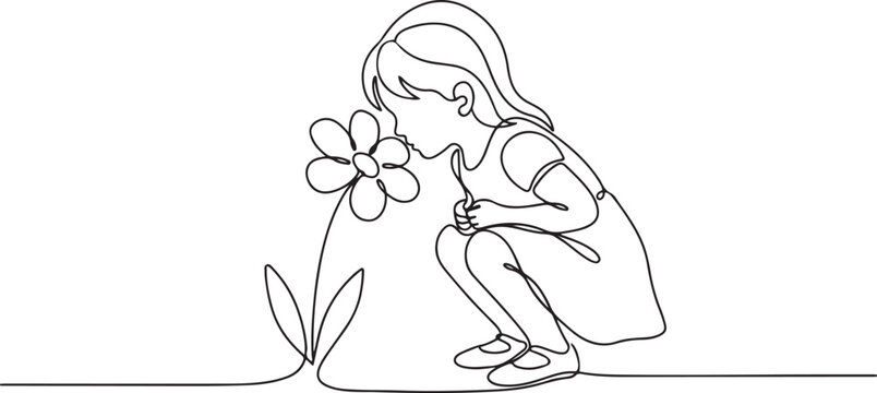 Child smelling flower in continuous line art drawing style. Small girl squatted down to sniff the fragrant flower. one line Art icon drawing