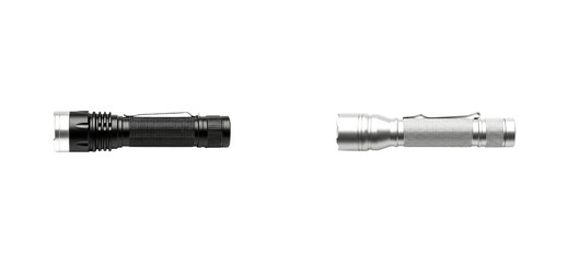 Two small tactical LED flashlights, one black and one silver, with knurled metal bodies and pocket clips are shown horizontally in a clean product studio shot