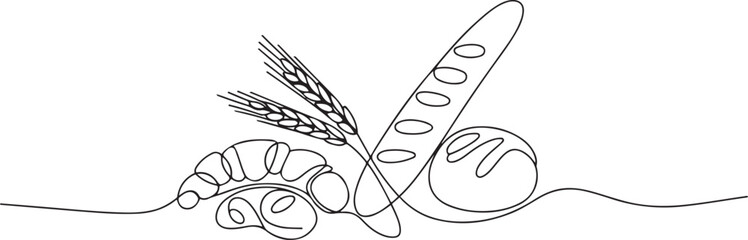 Bakery products with wheat ear in continuous line art drawing style. one line Art icon drawing