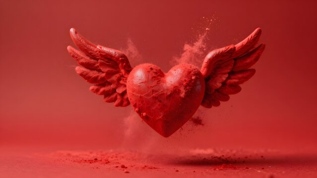C&oelig;ur ail&eacute; rouge textur&eacute; suspendu dans les airs sur fond cramoisi, symbolisant une romance passionn&eacute;e, un amour inconditionnel
