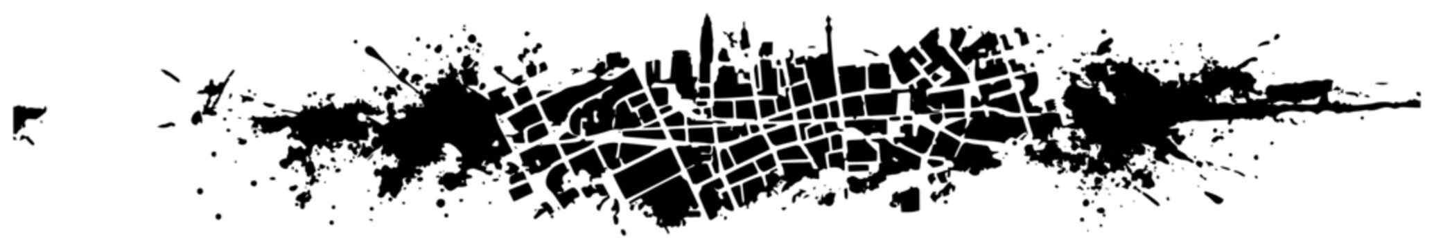 Urban city map grid integrated with abstract grunge ink splatters horizontal banner