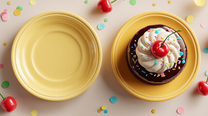 Cherry cupcake with empty plate and colorful confetti