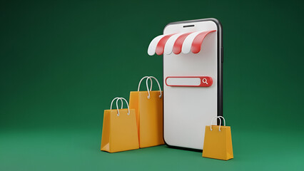 Mobile E-commerce Online Shopping Concept. Digital Storefront with Smartphone, Shopping Bags & Search Bar for Modern Retail & M-commerce. 3D Illustration.