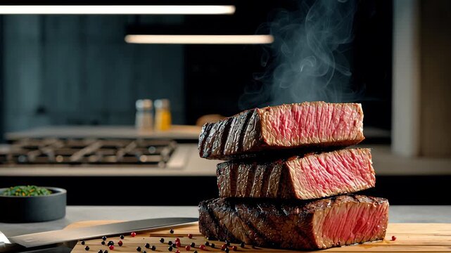 Succulent grilled steak slices stacked on wooden cutting board with visible steam rising, showcasing juicy pink interior and charred exterior in modern kitchen setting with cooking tools