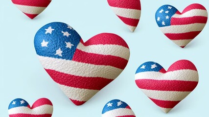 Colorful hearts featuring American flag design float against a soft blue background, showcasing vibrant textures and patterns in a visually engaging arrangement of patriotic symbols