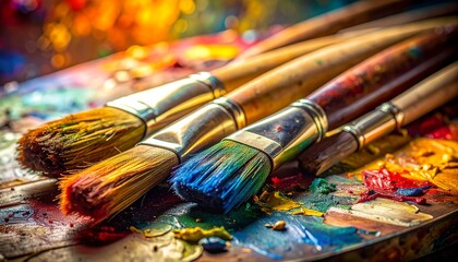 Fototapeta premium Colorful Paint Brushes on Palette with Vibrant Acrylic Paint Texture