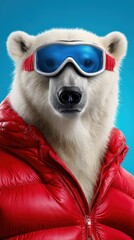 Fototapeta premium Cool Polar Bear Wearing Red Puffer Jacket and Blue Ski Goggles