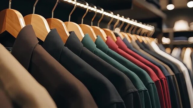 Close up of colorful shirts hanging on a rack in a clothing store fashion boutique retail shop display