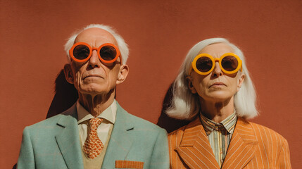 older couple wearing sunglasses enjoying sunny day, happy senior couple in sunglasses outdoors, stylish mature couple with sunglasses lifestyle portrait