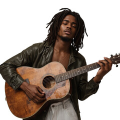 Obraz premium Musician Plays Guitar Indoors While Focusing on His Performance and Enjoying the Music Moment