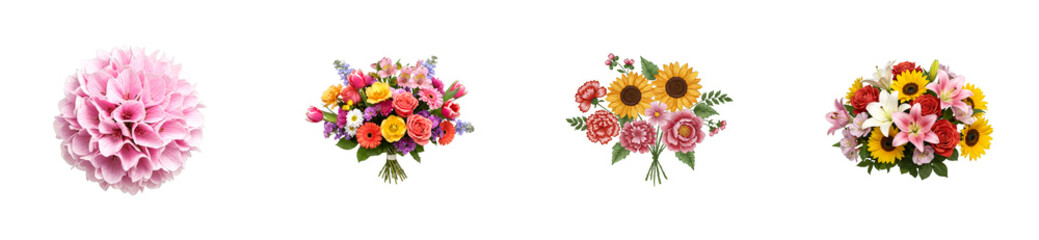Collection of four different floral items including a single pink dahlia, a vibrant mixed bouquet, an illustrated sunflower arrangement, and a classic lily and rose bouquet