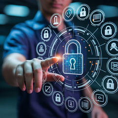 Businessman Touching Virtual Cybersecurity Lock Screen
