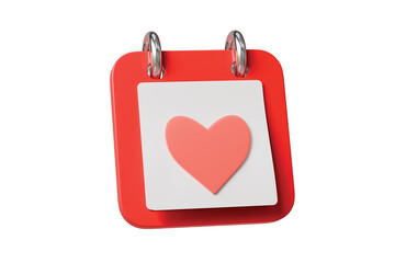 3d calendar heart icon. valentine reminder concept. minimal cartoon schedule planner for event planning app ui. isolated on white transparent background. 3d render.
